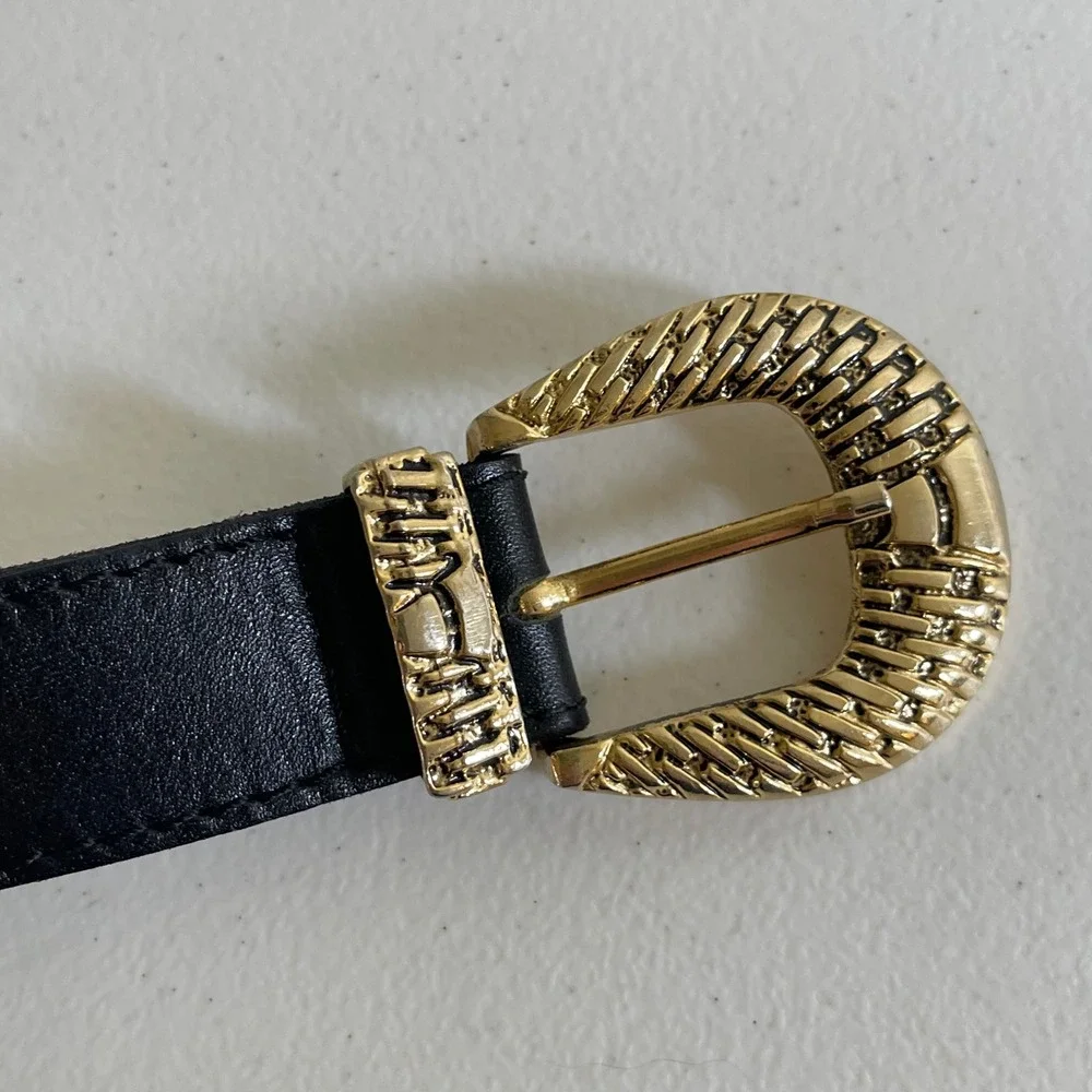 Vintage Ekin Deri Belt Women Black Gold Medusa Lion Head Greek Key Baroque